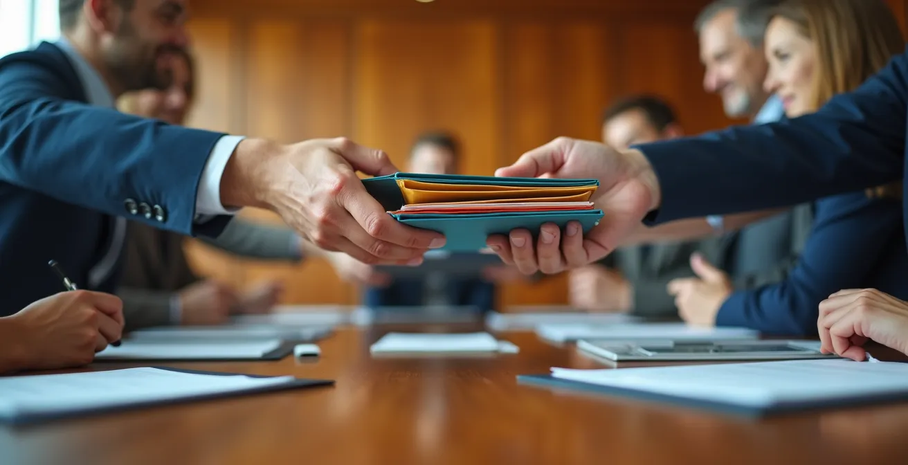 Mains échangeant des dossiers lors d'une réunion de copropriété