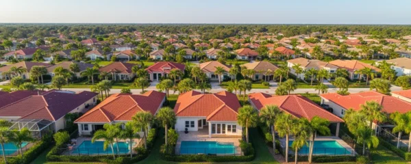 Vue aérienne quartier résidentiel Orlando avec piscines et palmiers, investissement immobilier Floride