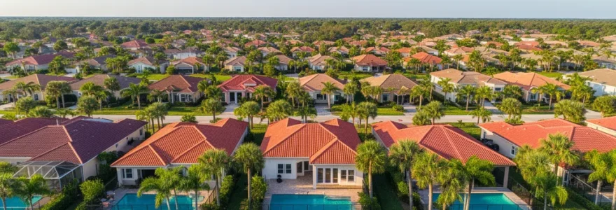 Vue aérienne quartier résidentiel Orlando avec piscines et palmiers, investissement immobilier Floride