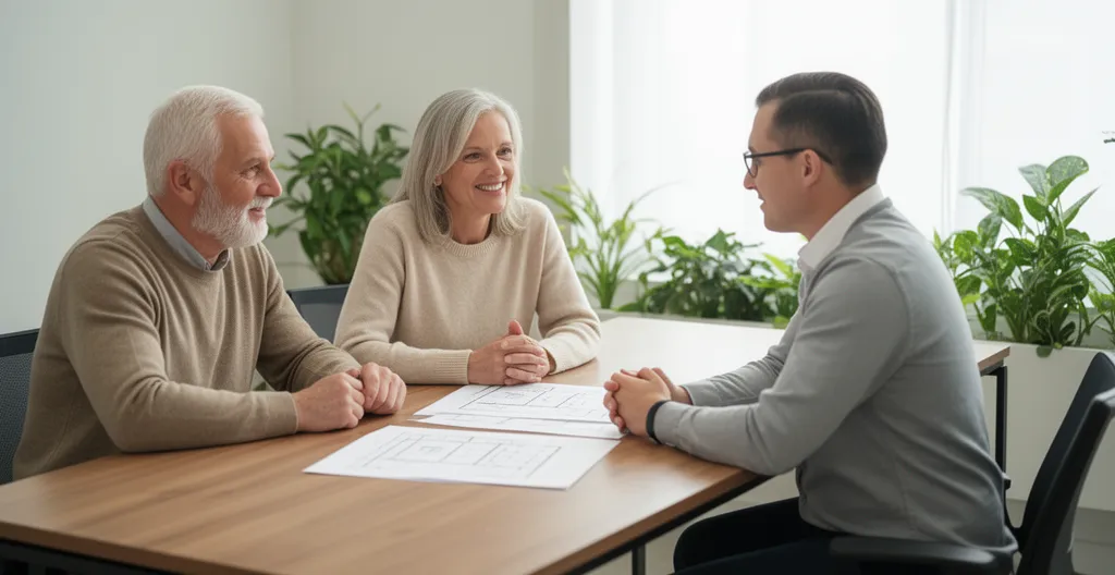 Couple d'investisseurs européens consultant documents avec agent immobilier, accompagnement achat Floride